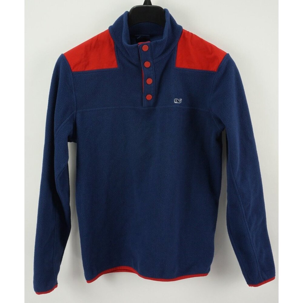 Vineyard Vines Mens Small Blue Red Colorblock Fleece Snap Pullover Whale Sweater